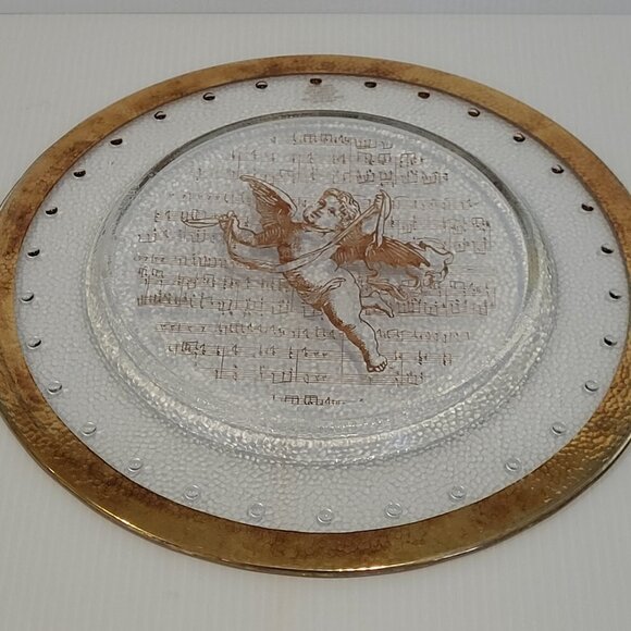 Vintage 13" Italian Glass Serving Platter With Gold Trim Cherub Musical Notes - Picture 8 of 9